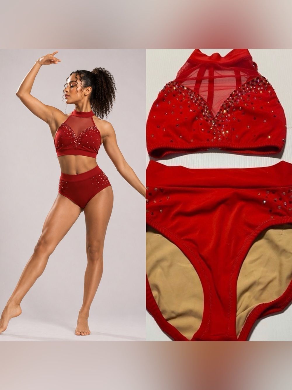Custom dance solo costume red 2 piece rhinestoned illusion bling XSA adult